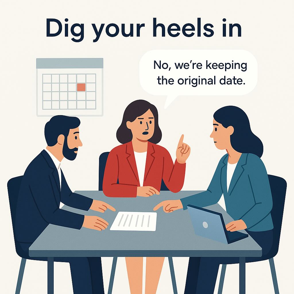 Image illustrating the Business English idiom “Dig Your Heels In,” showing a professional firmly refusing to change their position in a negotiation.
