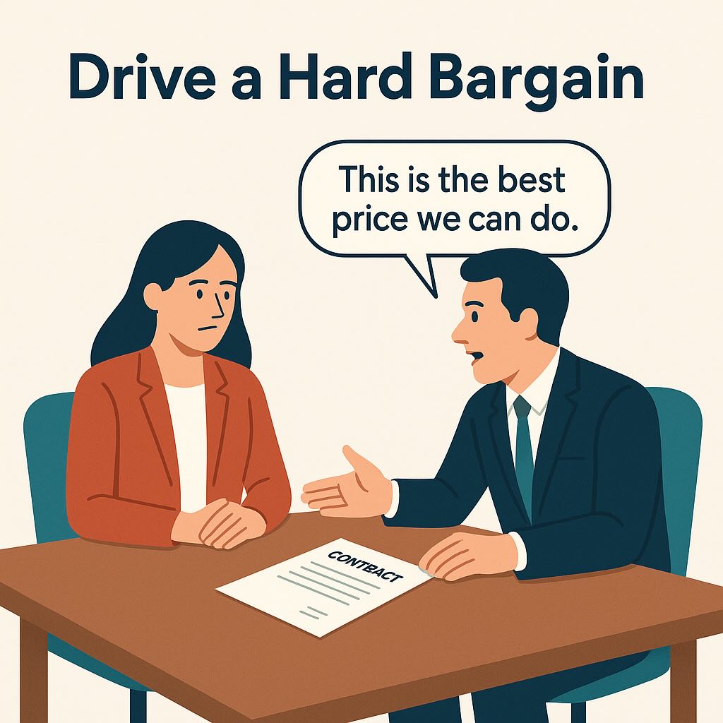 Business English idiom “Drive a Hard Bargain” illustrated with a professional firmly negotiating terms while staying calm and confident.