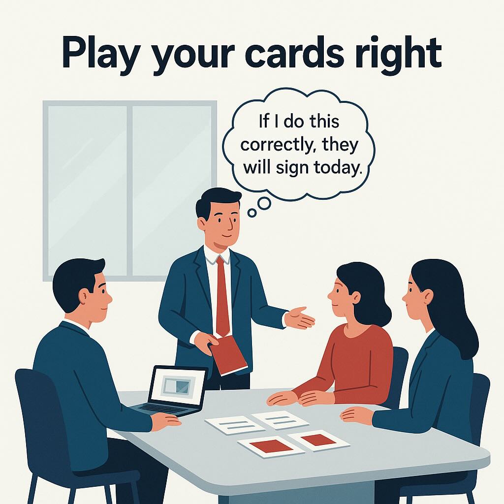 Image illustrating the Business English idiom “Play Your Cards Right,” showing a professional making a smart, strategic decision in a negotiation.