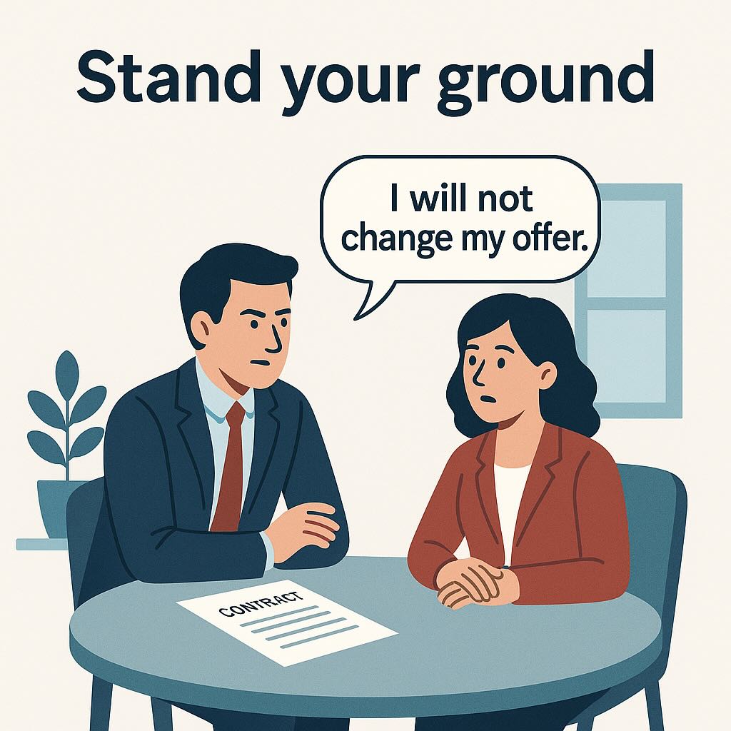 Image illustrating the Business English idiom “Stand Your Ground,” showing a professional calmly holding their position during a negotiation.