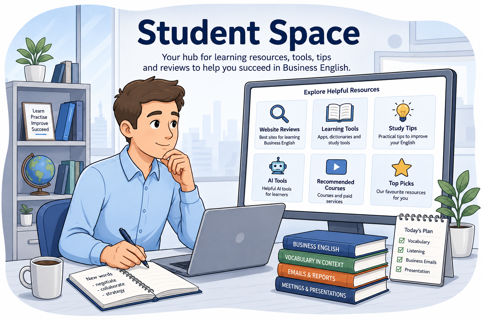 Student hub for business english. Man choosing from a selection of learning resources.